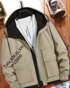 Chaqueta caqui con bordes negros estilo impermeable - S249