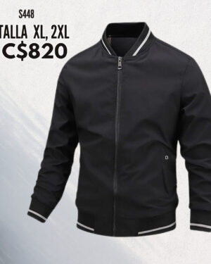 Chaqueta estilo impermeable negro con bordes blancos .--S448